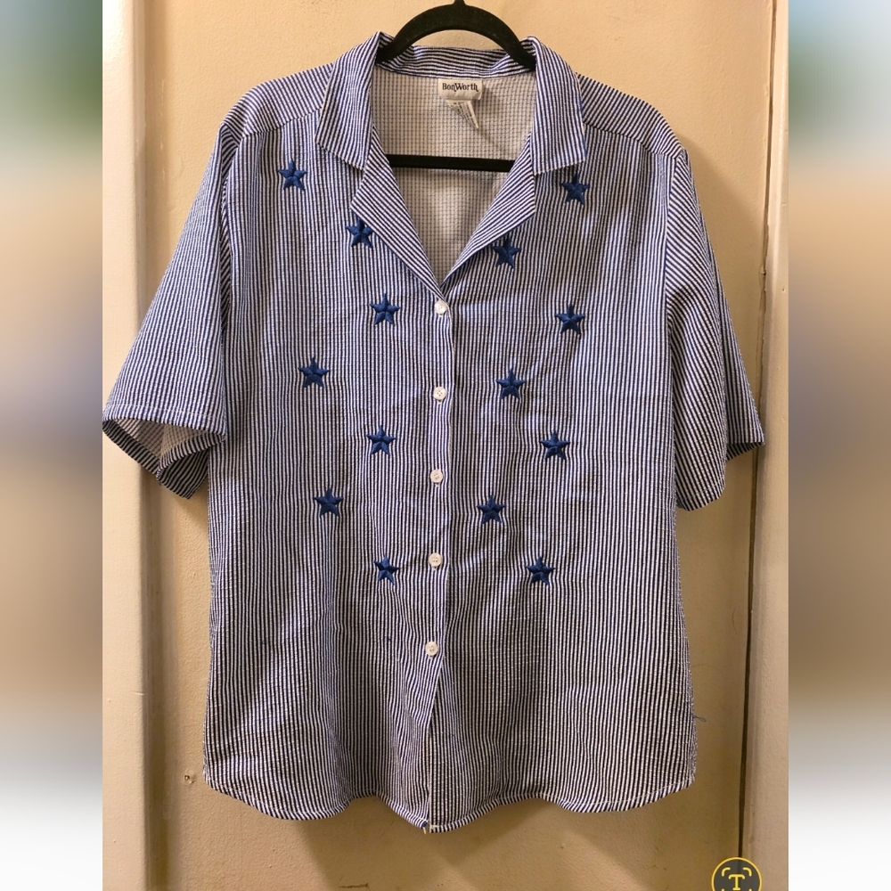 Vintage Star Embroidered Navy Stripped Button Up Shirt Patriotic USA Size M